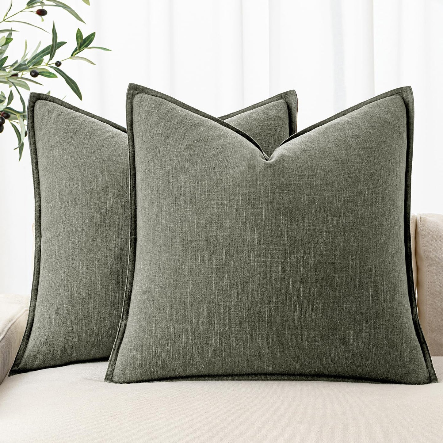 MIULEE Decorative Linen Pillow Covers 18x18 Inch Olive Green Boho FarmhouseNeutral Couch Throw Pillows for Bed Pack of 2 Accent Outdoor Pillowcase Modern Sofa Cushion Livingroom Home Decor