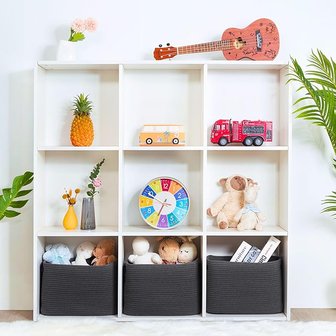 MINTWOOD Design 3-Pack Decorative Woven Storage Baskets for Shelves, Cube Bin Box for Organizing Books, Shoes, Dog Toys, Pantry Closet and Living Room Organizer, Charcoal / Black