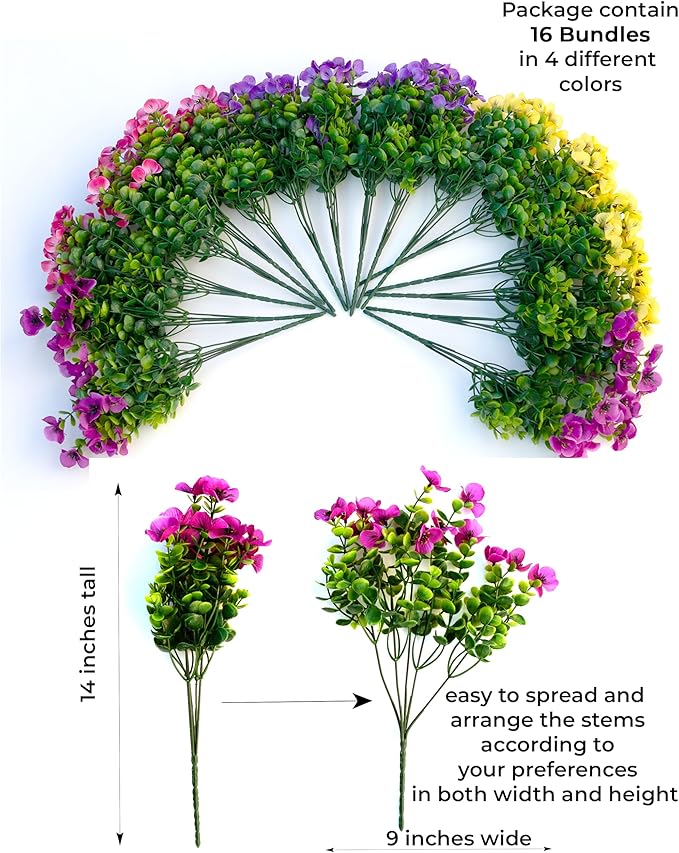 Artificial Flowers Outdoor Fake Plants - 16 Bundles UV Resistant No Fade Faux Shrubs Plastic Greenery Home Garden Porch Patio Decoration (1, Multi02-16pcs)