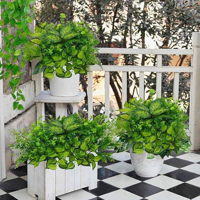 Faux Greenery for Outdoor Planters, 16 Bundles Realistic Fake Green Plastic Plants Artificial Bushes Decor Greenery for Outdoors UV Resistant for Garden Patio Porch Window Box
