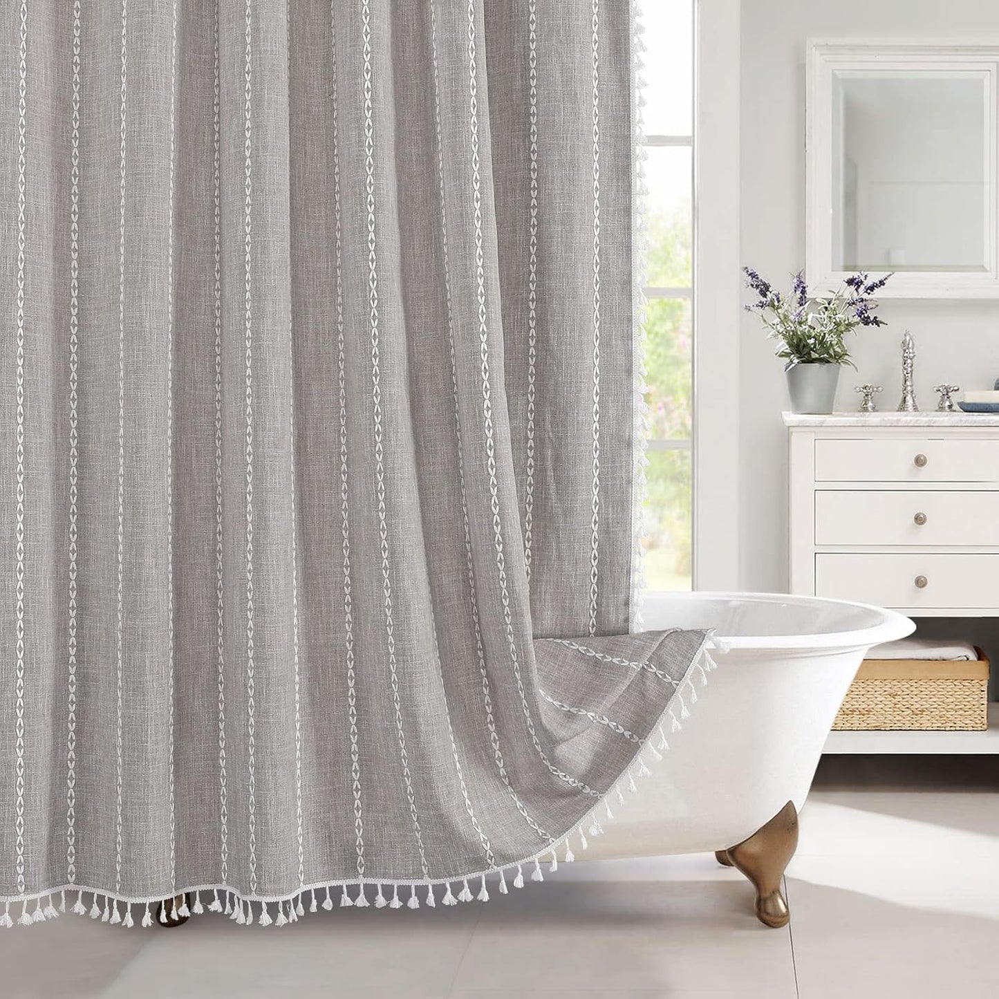 MitoVilla Grey Farmhouse Fabric Shower Curtain Set, Boho Modern Polyester Linen Shower Curtains for Vintage Rustic Bathroom Decor, Country Tassel Thick Cloth Shower Curtain, 72 x 72