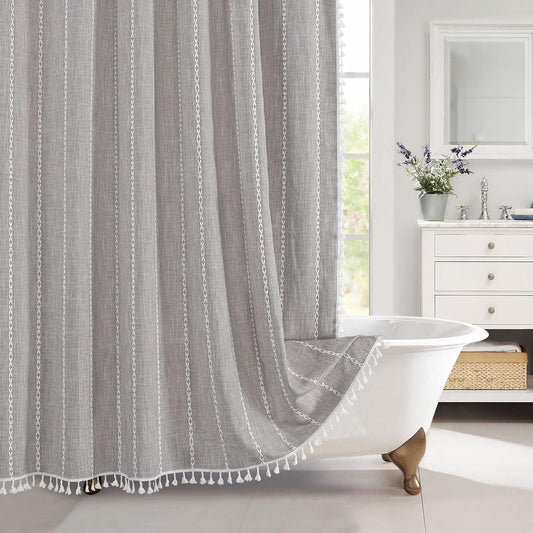 MitoVilla Grey Farmhouse Fabric Shower Curtain Set, Boho Modern Polyester Linen Shower Curtains for Vintage Rustic Bathroom Decor, Country Tassel Thick Cloth Shower Curtain, 72 x 72