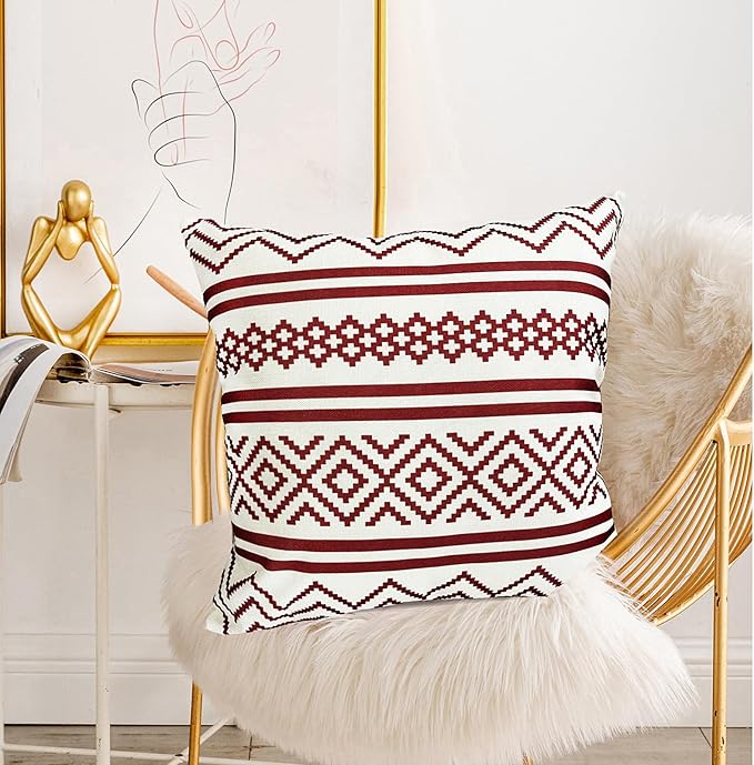 Decorative Throw Pillow Covers Set of 2 Wine Red Boho Pillow Covers 18x18 Inch Throw Pillow Cover Linen Pillowcase Modern Farmhouse Outdoor Pillow Covers for Couch Sofa Bed Living Room