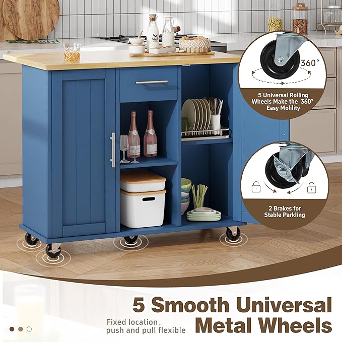 Shintenchi Kitchen Island with Storage, Bar Cart Cabinet Island Table on Wheels, Rolling Microwave Cart for Kitchen with Drop Leaf, Drawers, Towel Rack, Seating Area for Dining Room, Blue