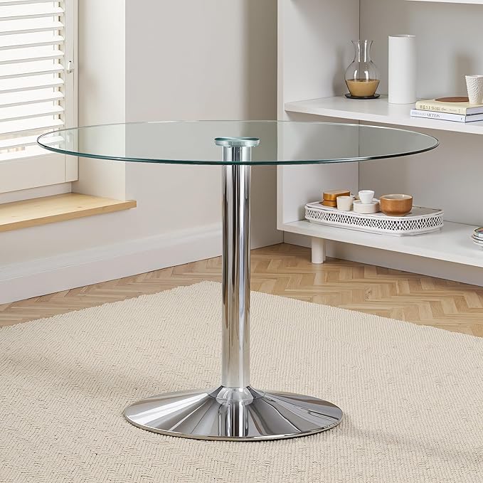 Dining Table for 4 Modern Round Glass Dining Table 39" Kitchen & Dining Room Tables with Metal Base and Glass Tabletop for Dining Room and Apartment, Silver
