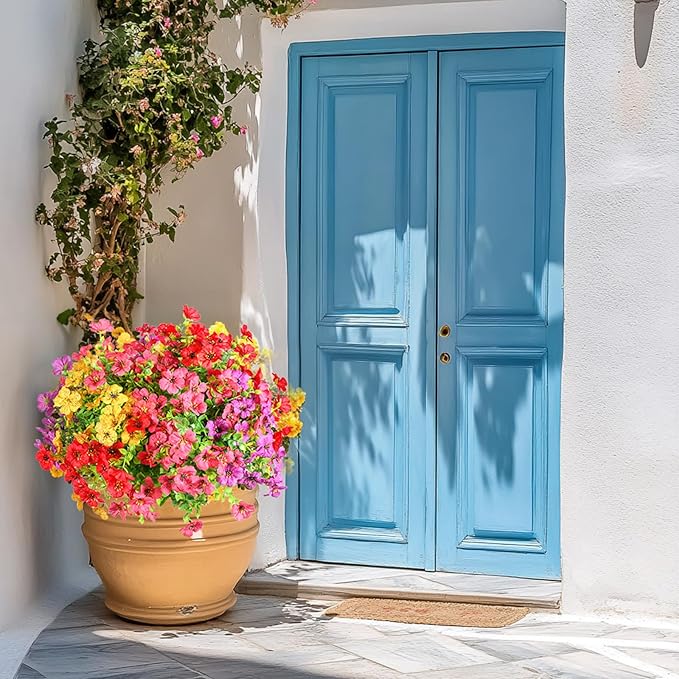 12 Bundles Artificial Flowers Faux Plants Flowers for Outdoor Spring Summer Decoration UV Resistant Artificial Plastic Plants Silk Flowers for Home Planter Porch Window Box Yard