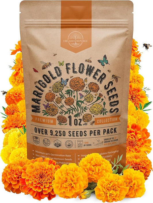 Marigold Seeds Pack 1 oz - Over 9,250 Non-GMO Heirloom Marigold Seeds for Planting Indoor & Outdoor Gardening, Flower Seed for Planting Home and Garden, Flowers Seed in Individual Packet