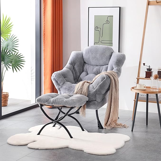 Welnow Lazy Chair with Ottoman, Modern Lounge Accent Chair with Armrests and a Side Pocket, Leisure Sofa Armchair, Reading Armchair with Footrest for Small Space, Plush Grey