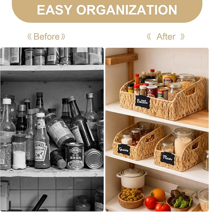 Wicker Baskets for Organizing, Pantry Baskets with Handles, Handwoven Wicker Storage Basket, Water Hyacinth Storage Bins for Shelves, Boho Decoration, 3 Pack,Natural