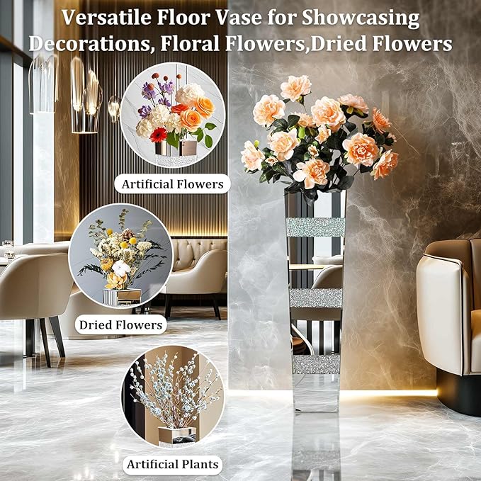 Crushed Diamond Mirror Vase: 28.15 inches High Silver Crystal Geometric Bling Decor for Luxury Home Centerpieces Livingroom Wedding Decor, Won't Hold Water