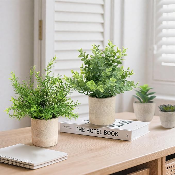 ALAGIRLS 4 Pack Small Fake Plants, 10" Artificial Plants Indoor Eucalyptus/Rosemary/Succulents, Small Faux Plants in Pulp Pot for Bathroom Bedroom Kitchen Office Living Room Decor