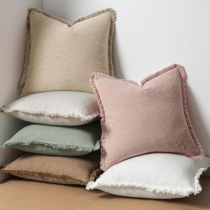 MIULEE Decorative Throw Pillow Covers Neutral Linen Fringe Throw Pillows Set of 2 Light Pink Boho Farmhouse Cushion Covers for Couch Sofa Bed Living Room Spring Home Decor 20x20 Inch