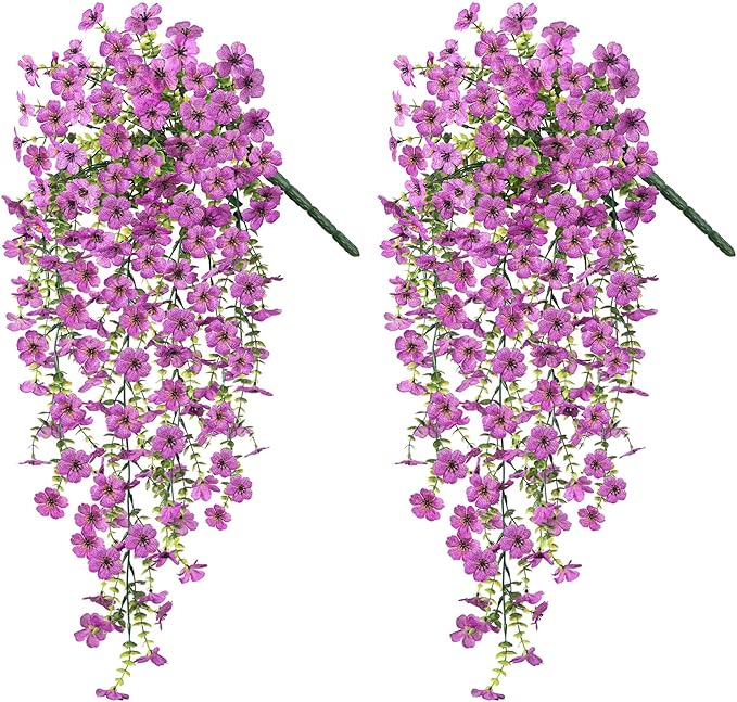 Artificial Hanging Flowers for Outdoors Faux Plants Decoration, 2 Packs Fake Silk Daisy Flower Realistic Outdoor Flowers UV Resistant Porch Patio Window Yard Outside Decor(Purple)