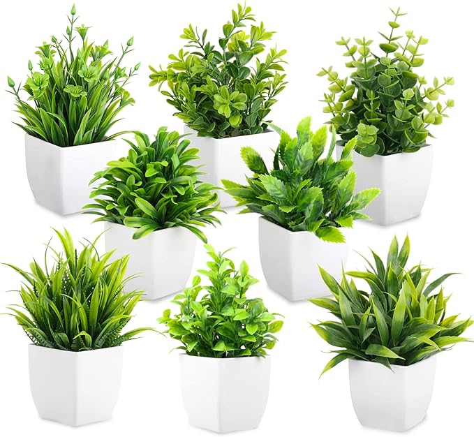 LELEE Artificial Plants Mini Fake Potted Plants, 8 pcs Small Eucalyptus Potted Faux Decorative Grass Plant with White Pot for Home Decor, Indoor, Office, Desk, Shelf, Table Decoration