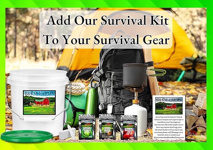 B&KM Farms 20,000+ Survival Seed Kit 5+ Year Supply. 30 Fruit & Vegetable Non-GMO Heirloom Seeds for Planting a Home Garden. Secure Emergency Weather-Proof Bucket
