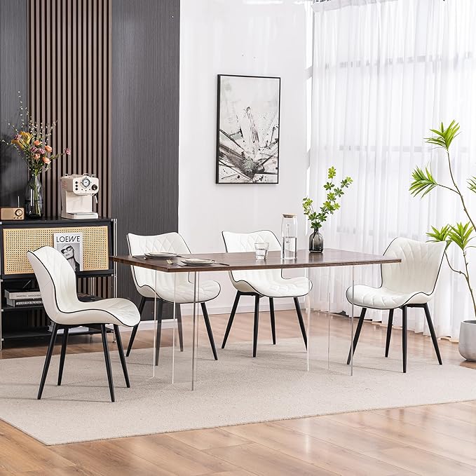 YOUNIKE Dining Chairs Set of 2, Upholstered Faux Leather Dining Room Chairs with Wide Curved Back and Adjustable Metal Legs, White