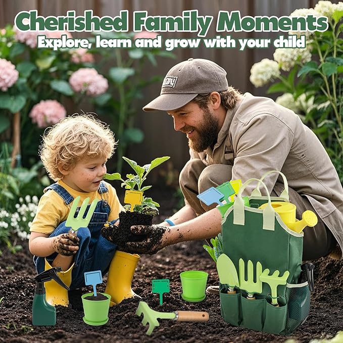 Kids Gardening Tools Set, Garden Toys w/Wooden Handle Alloy Rake,Fork,Trowel, Watering Can,Gloves,Tote Bag,Plant pots, DIY Bookmark Kits, Spring Summer Toy Outdoor Gift for Toddler Boy Girl