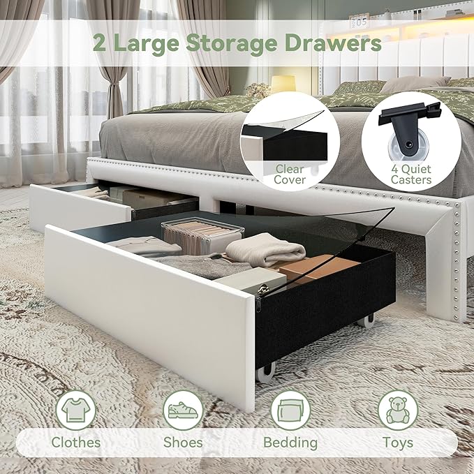 Torana Queen LED Bed Frame with 2 Drawers, PU Leather Upholstered Storage Wingback Headboard Beds, Channel Tufted Platform Bedframe with Rivet Decor, No Box Spring Needed, White