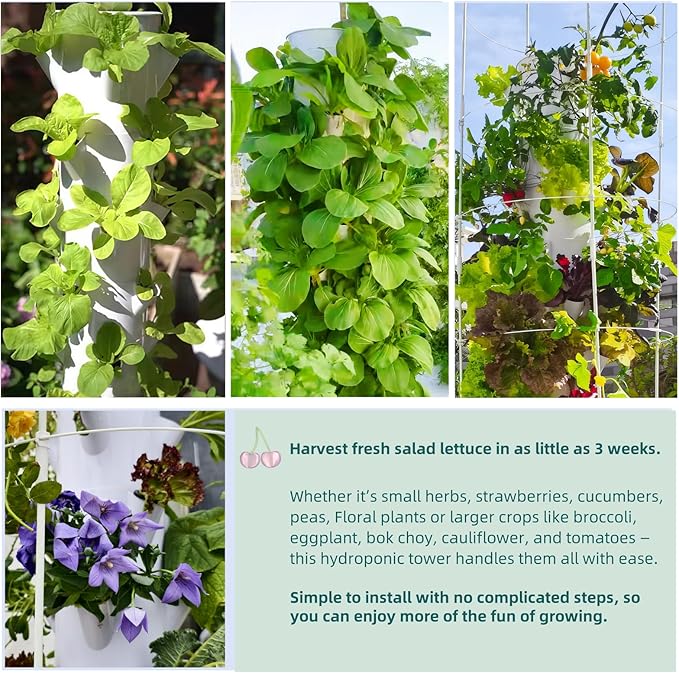 Hydroponic Growing System Kit, Vertical Hydroponic Tower with Trellis, Indoor & Outdoor Herb Garden, Vegetable Tower with 40 Planting Pods, Automatic Timer, Ideal for Gardeners & Beginners
