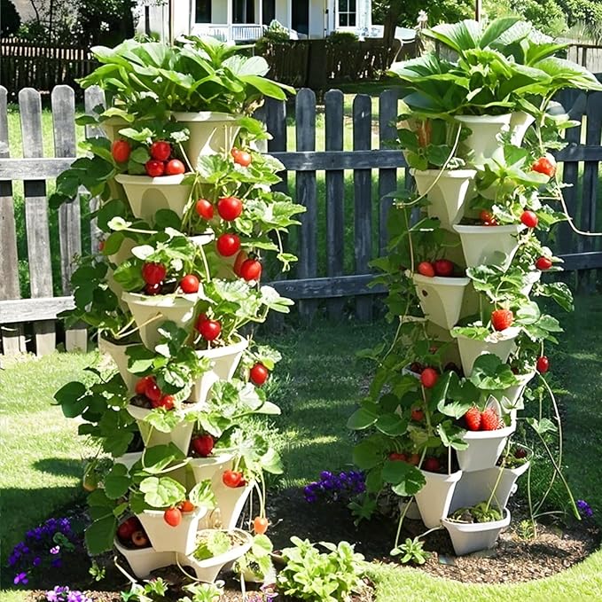 7 Tiered Strawberry Planters 2 Pack, Vertical Stackable Planter, Herb Stacking Tower Garden, Flower and Vegetable Planters with Support Pole Indoor and Outdoor with Removable Wheels Dark Grey