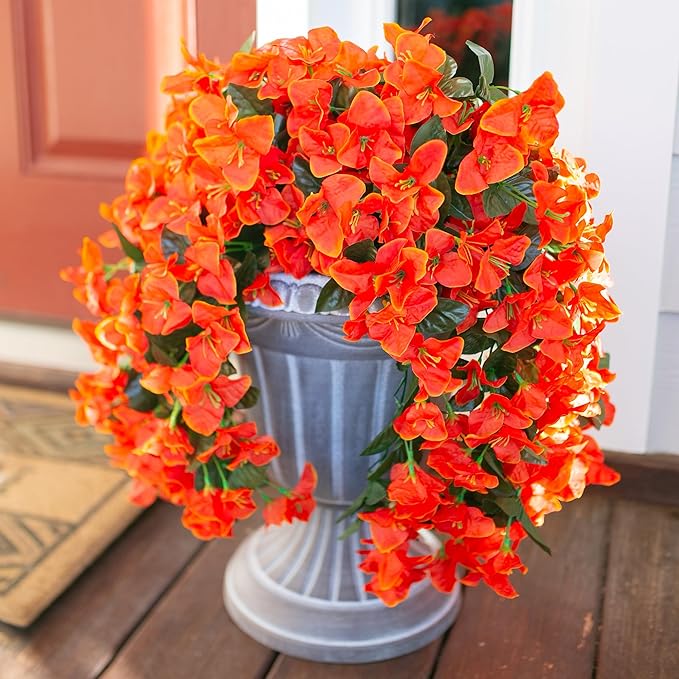 Bougainvillea Artificial Fall Hanging Flowers Plants for Outdoors Autumn Decoration, 2pcs Faux Bougainvillea Vines Orange Fake Flowers Realistic UV Resistant Silk Flowers for Outside Planter Yard Home