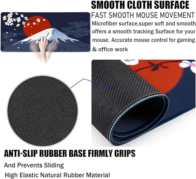 Japanese Mt Fuji Gaming Mouse Pad, Large Extended 31.5"x15.7" Durable Mousepad with Stitched Edges, Waterproof Non-Slip Base for Home Office Work