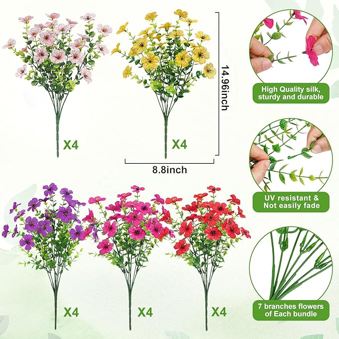 20 Bundles Artificial Flowers for Outdoors Decoration Fake Silk Flowers UV Resistant Faux Plants Artificial Daisy Eucalyptus for Spring Summer Garden Yard Porch Window Home Decor, Mix Colors
