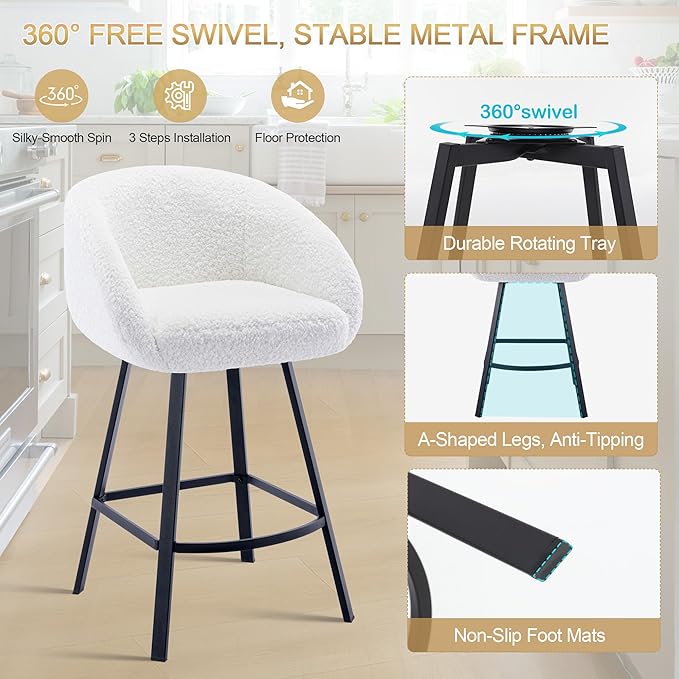 Zesthouse Swivel Counter Height Stool, Modern Single Bar Stool for Kitchen Island, 26'' White Sherpa Kitchen Counter Height Chair with Barrel Arms & Back, Upholstered Fabric Bar Chairs with Metal Legs