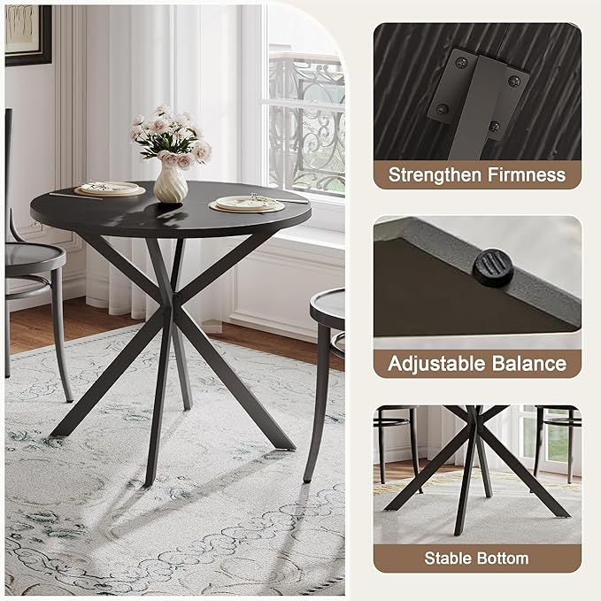 ChooChoo Round Dining Table for 2, Farmhouse Wood Kitchen Table, Circle Dinner Table for Kitchen & Dining Room, Small Space, 31.5In, Black