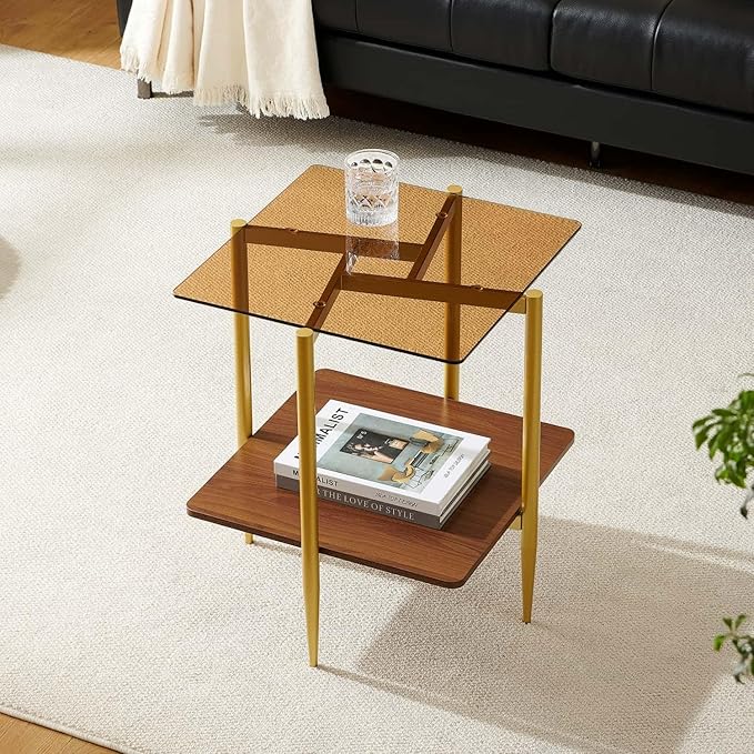 Square Glass End Table, Mid-Century Modern Sofa Table, L20*W20*H23 inch for Living Room, 2-Tier Structure, Amber Glass Top and Walnut MDF Shelf, Sleek Conical Metal Legs with Gold Finish