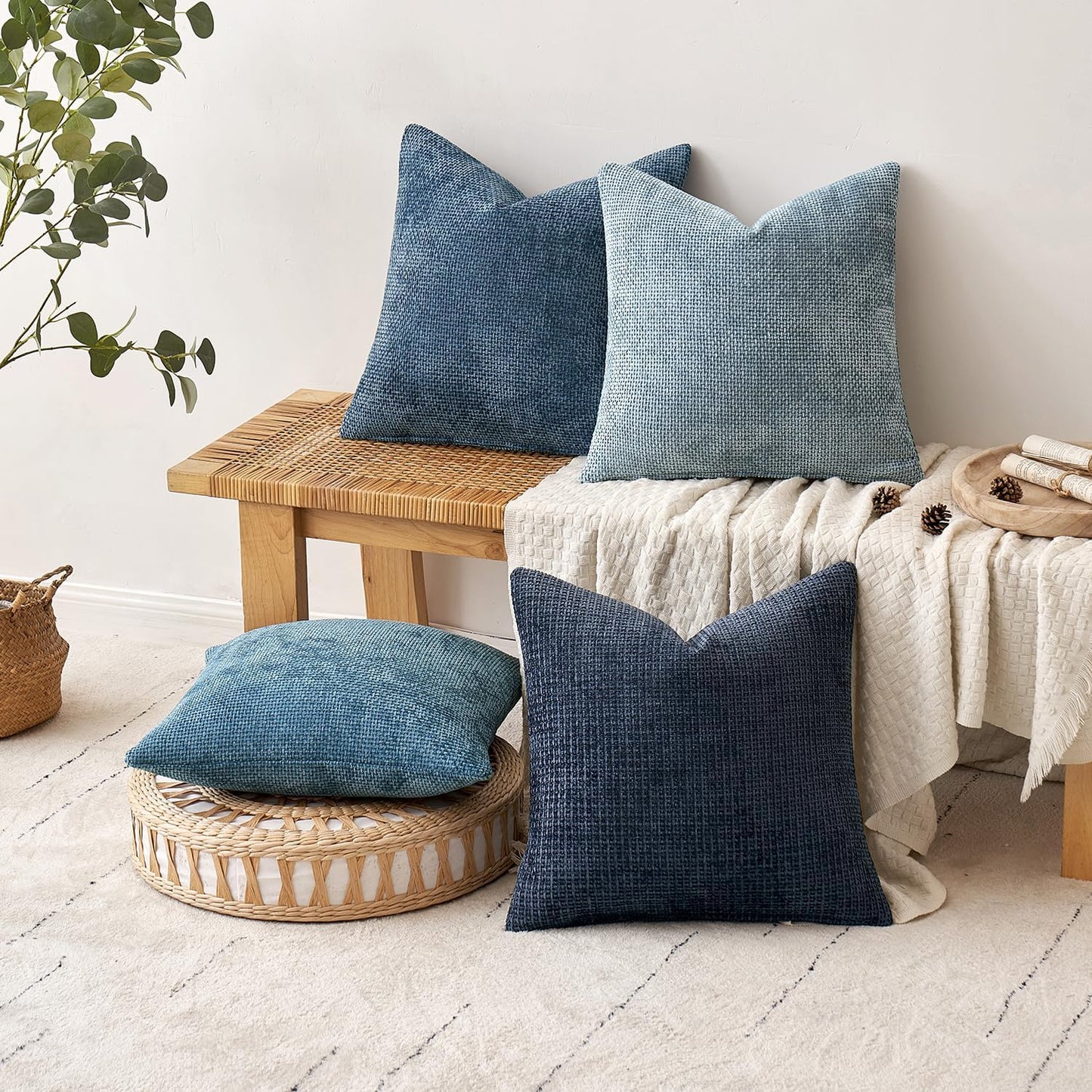 MIULEE Pack of 4 Couch Throw Pillow Covers 22x22 Inch Neutral Blue Soft Decorative Chenille Pillow Covers Farmhouse Accent Cushion Covers for Boho Western Home Coastal Decor Sofa Bedroom Living Room