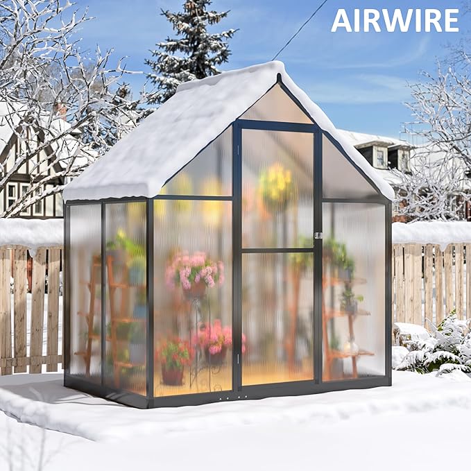 4x6 FT Quick Setup Polycarbonate Greenhouse with Roof Vent, Large Aluminum Walk-in Green House for Outdoor Garden Backyard, Black