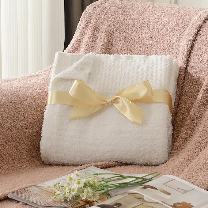 Knit Throw Blanket Super Soft Warm Blanket for Couch Lightweight Fluffy Blanket for Bed Sofa 50x60 Inches Cream