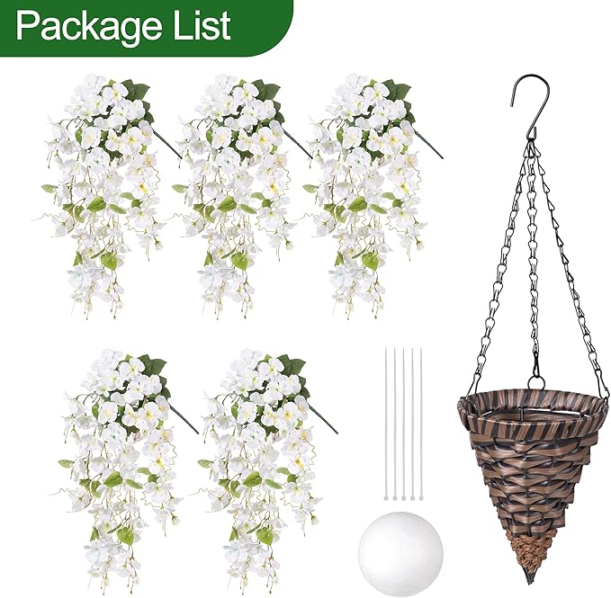 Artificial Fake Hanging Hibiscus Flowers Plants Baskets for Outdoor Decoration, Faux Silk Hibiscus Long Vines in Planter UV Resistant Realistic Flowers for Outside Porch Patio Home Decor, White