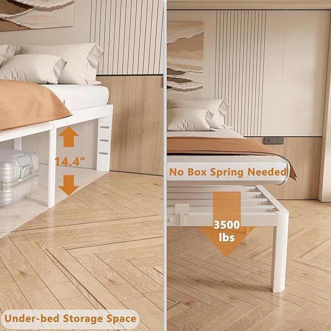 16 Inch Twin Size Bed Frames, Platform Bed with Metal Gaskets, Metal Bedframe No Box Spring Needed, DIY Headboard, Anti-Slip Mattress Stopper, Round Corner Leg, Easy Assembly, White