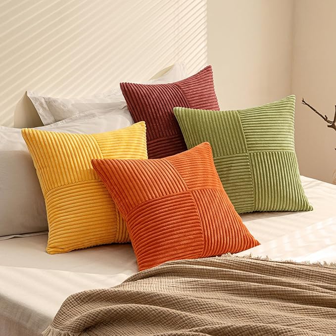 MIULEE Yellow Orange Rust Throw Pillow Covers 18x18 Inch 4 Packs Boho Farmhouse Decorative Color-Clash Pillow Cases Soft Cushion Cases for Couch Sofa Bed Corduroy Striped Fall Home Decor