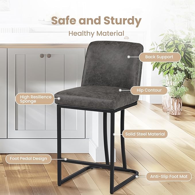 PHI VILLA Bar Stools Set, Black Metal Breakfast Barstools for Kitchen Island, 24 inch Counter Height Bar Stools with Backs