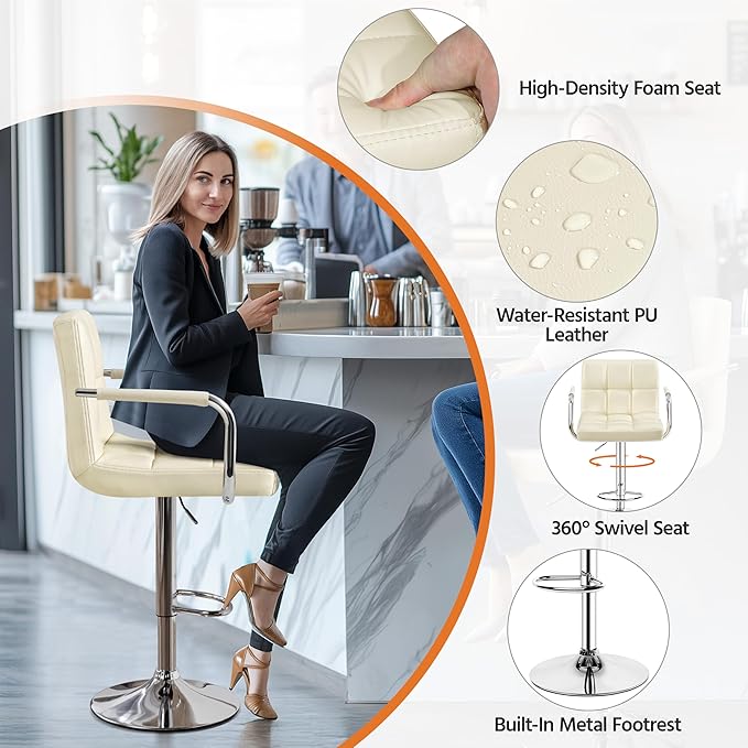Yaheetech Bar Stools Set of 2, PU Leather Adjustable Swivel Barstools, Hydraulic Kitchen Counter Height Bar Chairs with Armrest and Back for Bar, Kitchen, Dining Room, Beige