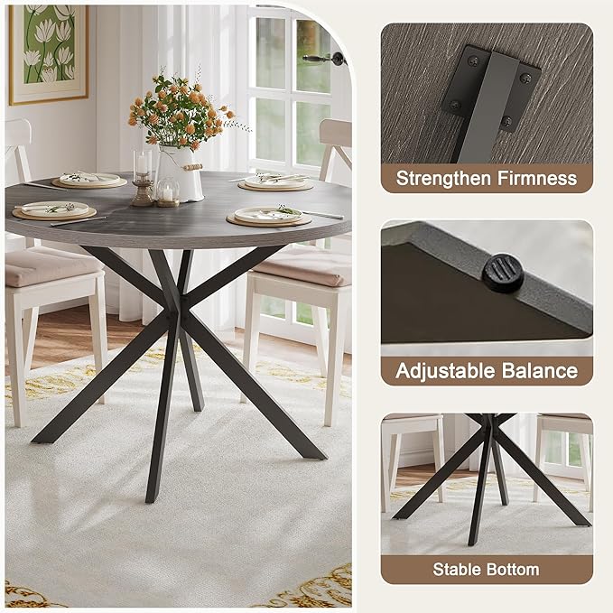 ChooChoo 47.2 Inch Round Dining Table for 4, Farmhouse Wood Kitchen Table, Circle Dinner Table for Kitchen & Dining Room, Grey