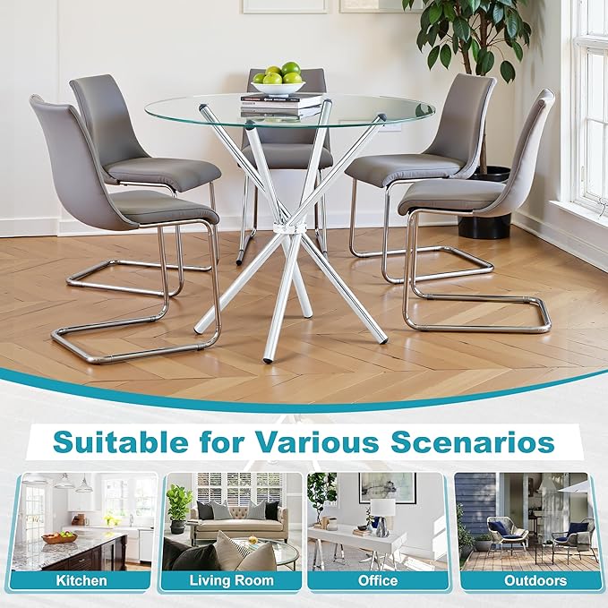 Kitchen Table for 2 Modern 36.6" Round Glass Table Small Tables with Trestle Metal Leg for Living Room and Apartment, Silver