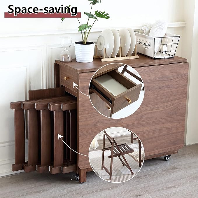 Extendable Drop Leaf Foldable Dining Table with 2 Drawers and 4 Wheels for Living Room Kitchen Farmhouse Space Saving Table in Walnut