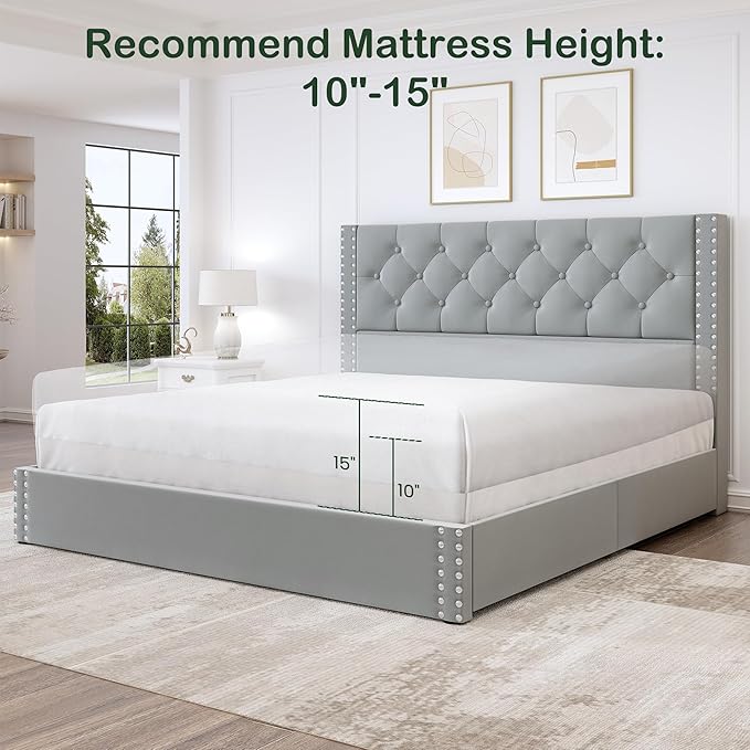 LARMACE Queen Size Bed Frame Upholstered Platform Bed with 4 Storage Drawers and Tufted Headboard Velvet Bed Frame with Heavy Duty Wood Slats, No Box Spring Needed, Easy Assembly, Bluish Grey