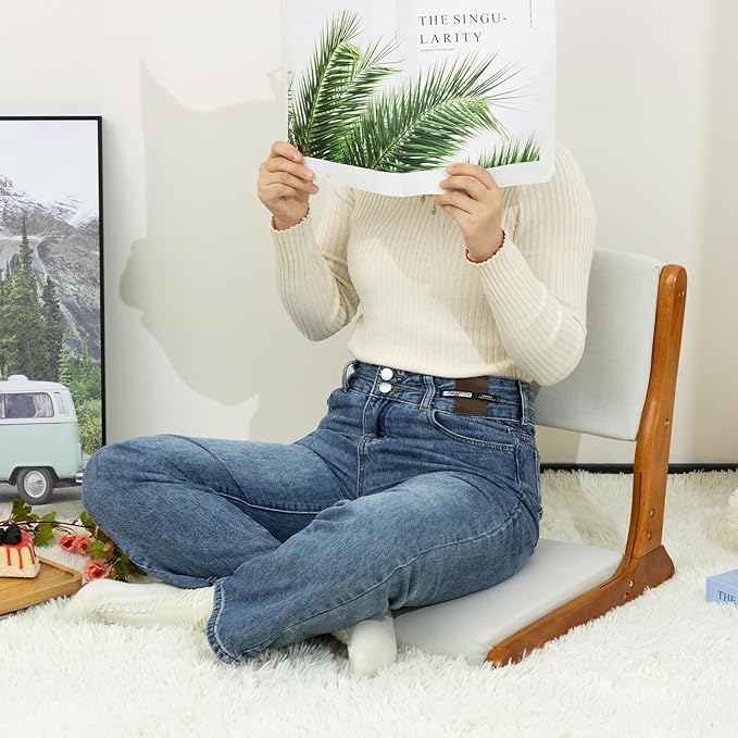 HollyHOME Floor Chair with Back Support, Foldable Japanese Style Floor Chair, Wood Legless Tatami Chair with Cushion, Accent Meditation Floor Seat for Bay Window, Living Room, Bedroom, Beige