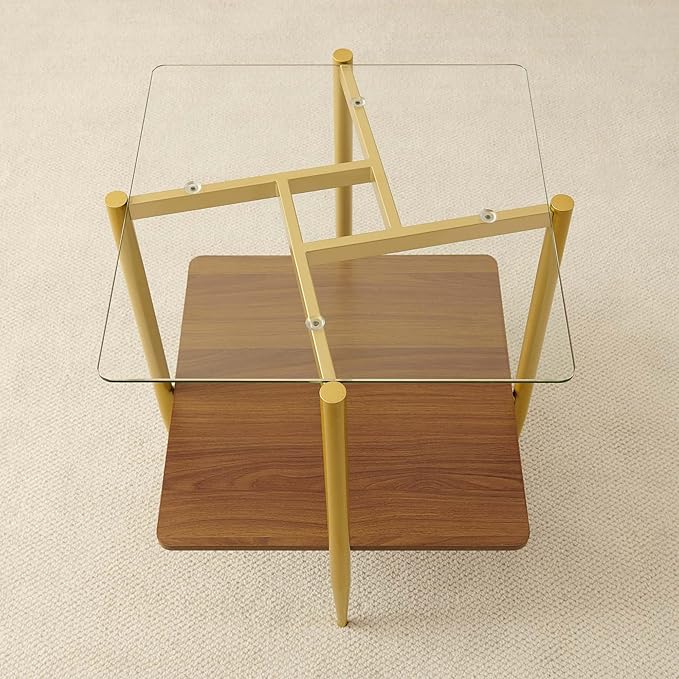 Square Glass End Table, Mid-Century Modern Sofa Table, L20*W20*H23 inch for Living Room, 2-Tier Structure, Clear Glass Top and Walnut MDF Shelf, Sleek Conical Metal Legs with Gold Finish