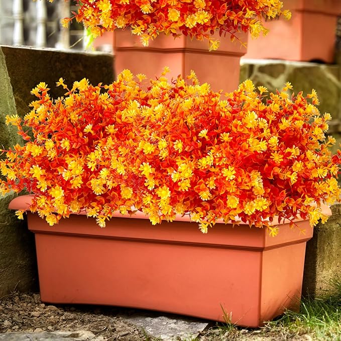 12 Bundles Artificial Fall Flowers No Fade Faux Autumn Plants, Fake Indoor Outdoor Greenery Decorations for Thanksgiving Christmas Wedding Party Home Garden Fireplace Décor (Fall Orange)