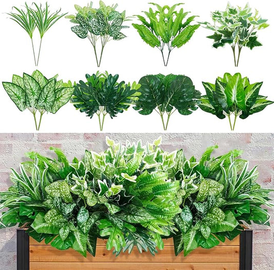 16 Bunches Fake Plants Outdoor UV Resistant Artificial Bushes Green Boxwood Shrubs Faux Plastic Plants Greenery Stems for Spring Outdoor Garden Patio Front Porch Yard Home Decor