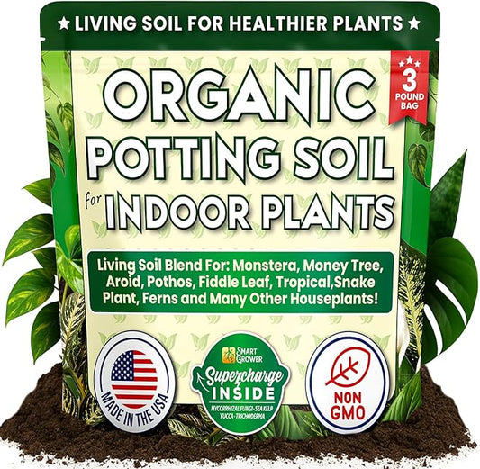 Organic Potting Soil for Indoor Plants. Boost House Plant Growth for Monstera, Fiddle Leaf, Money Tree, Pothos, Snake Plant, Aroid, Flowers, Herbs, Veggies, & More, Smart Grower 3 LB Ready to Plant