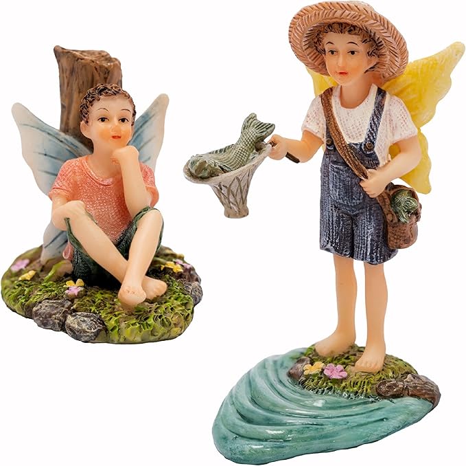 PRETMANNS Fairies for Fairy Garden - Fishing Boy Figurines – Accessories for Indoor or Outdoor Miniature Garden – 2-Piece Set