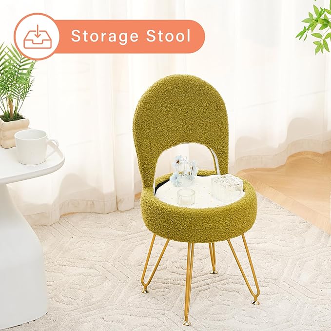 Storage Ottoman Vanity Stool Chair with Folding Back Teddy Velvet Makeup Chair Multifunctional Upholstered Footstool,4 Metal Legs with Anti-Slip Feet for Bedroom Living Room Entryway