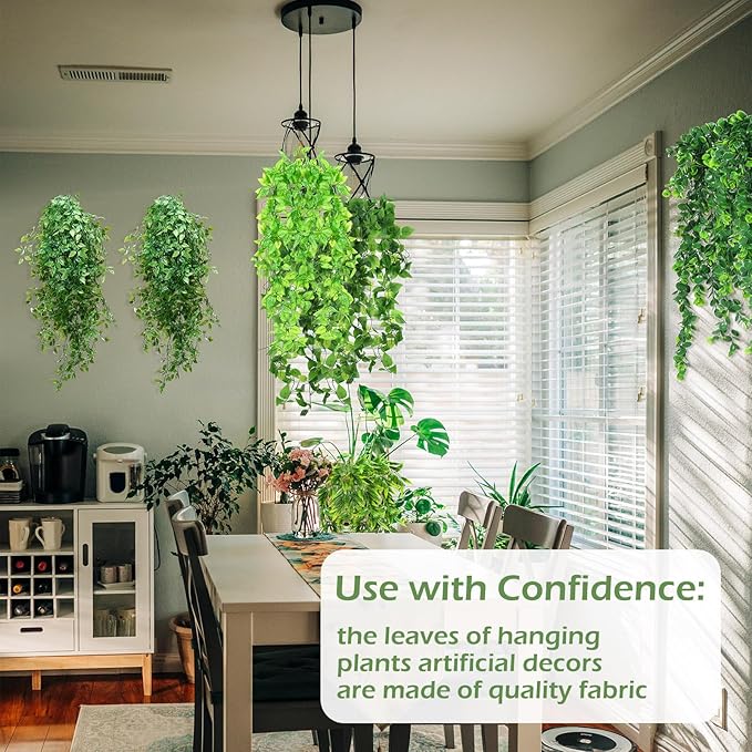 Hoteam 12 Pcs Artificial Hanging Plants 32 Inch Fake Ivy Vines with Fake Leaves Patio Artificial Plants Greenery for Living Room Indoor Outdoor Wall, No Basket (6 Style Mixed)